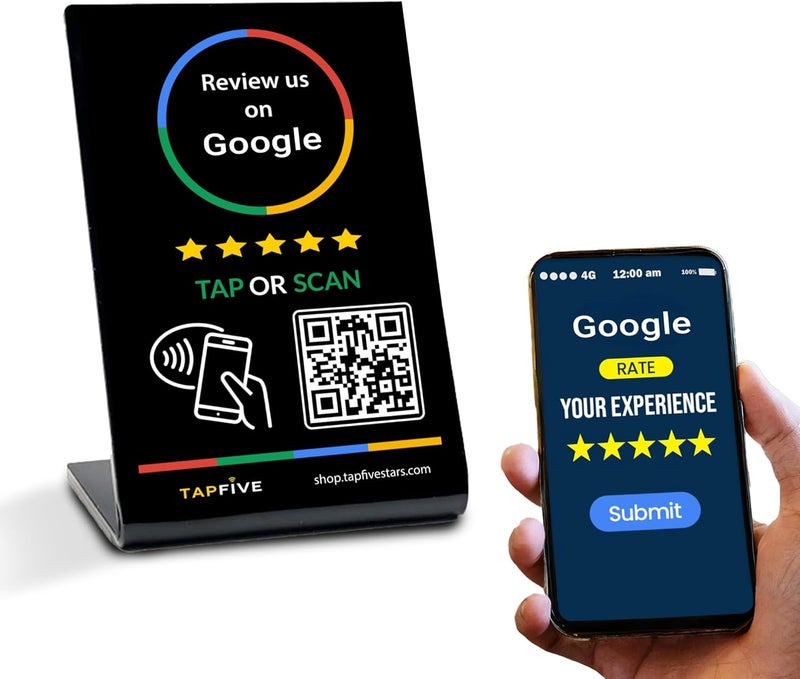 TapFive Google Review Stand Compatible with Google Reviews - Tap for Instant Reviews - All Phones Compatible - Reusable Smart Tap NFC & QR - Boost Business Reviews - Zappy Fast (Black, 1 Stand) - Image 1